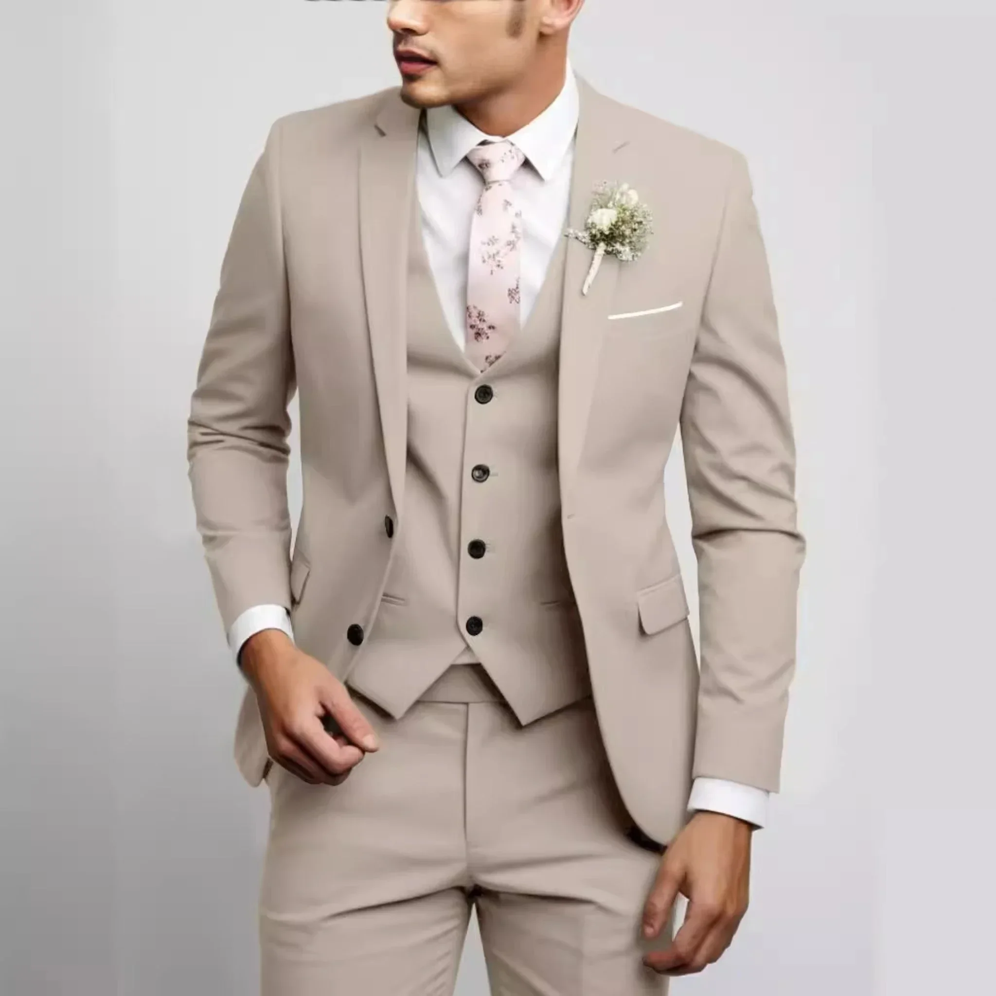 Casual Men\'s Suits Slim Regular Fit 3 Piece Elegant Tuxedos Notch Lapel Blazer Vest Pants for Evening Party Formal Wedding