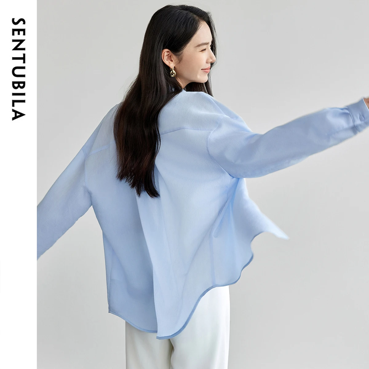 SENTUBILA Casual Women's Shirt Solid Loose Fit Fashion Turn Down Collar Single Breasted Folds Blouses 2025 Spring New 151C57686