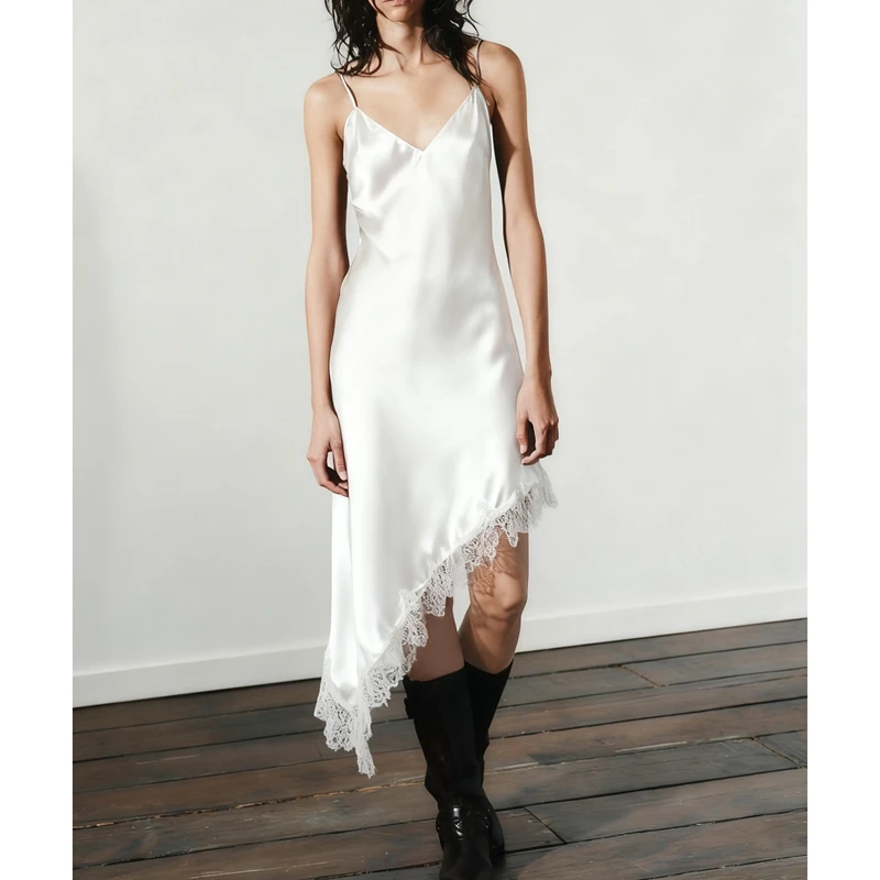 Combhasaki Abito da donna sexy in pizzo floreale con orlo asimmetrico in raso di seta Elegante estate Y2k Beach Cami Mezze sottoveste Abiti midi