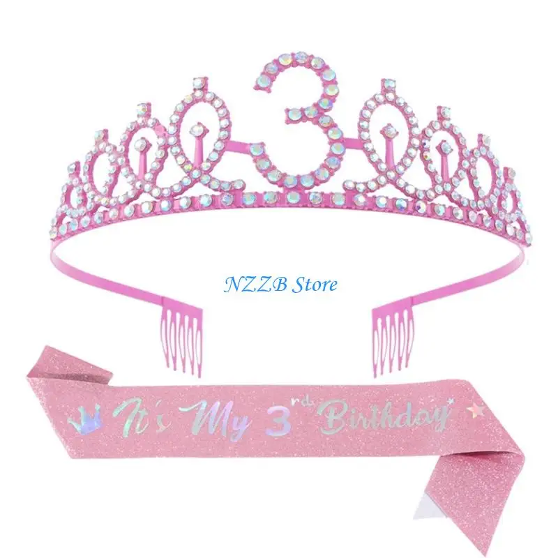 

T21F Tiaras And Glitter Sash Set For Birthday Celebrations Girls Party Decors