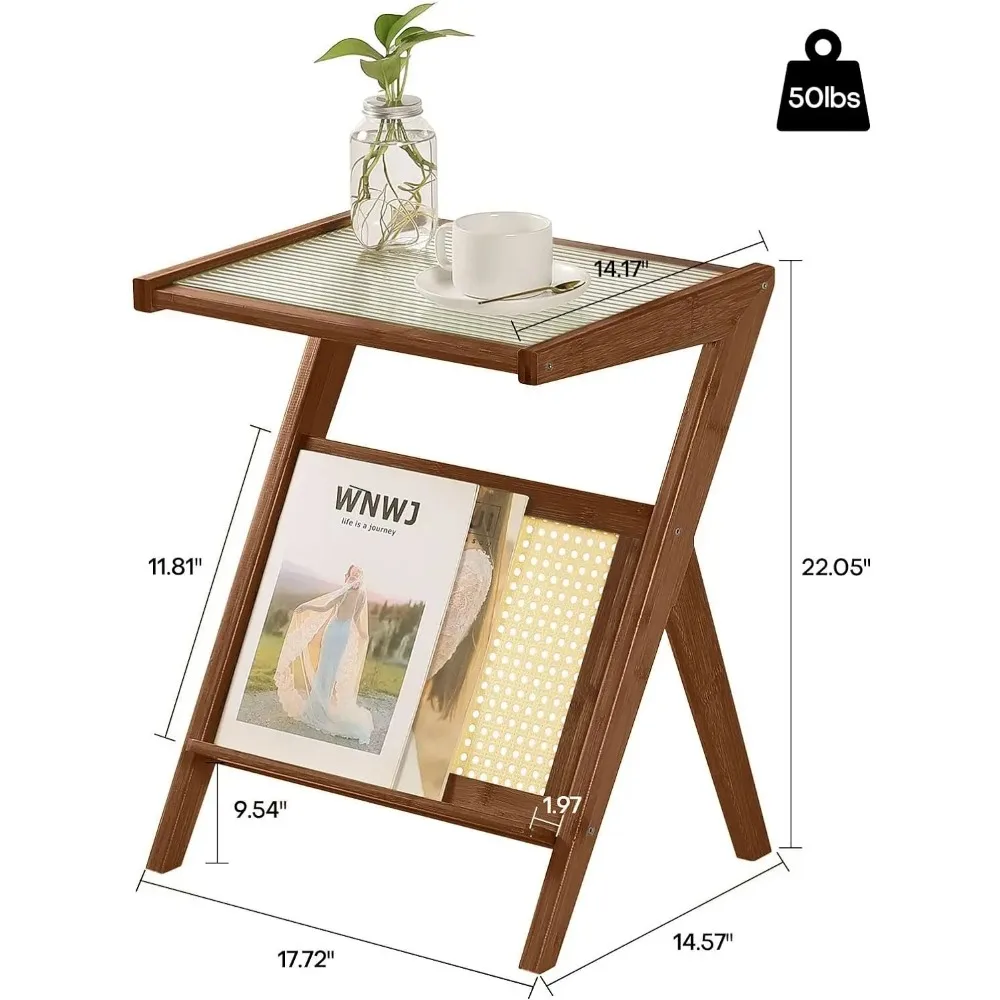 Rattan End Table with Magazine Rack Glass-top Bamboo Sofa Side Table Bedside Z Shaped Coffee Table for Bedroom Living Room Small