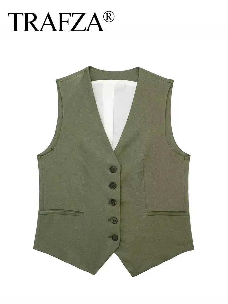 TRAFZA Summer Women Elegant Solid Waistcoat Single Breasted V Neck Casual Vest Top Female Fashion Streetwear Chic Outerwear Vest