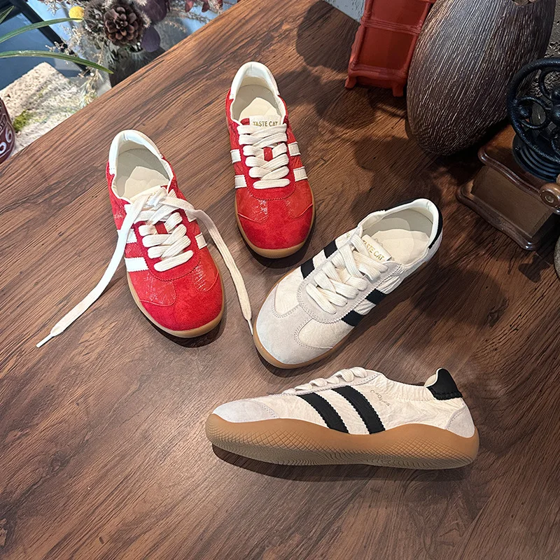 

Women's Leather Color Matching German Training Shoes Spring New Soles Retro Forrest Gump Flats Sports Heightening Casual Sneaker
