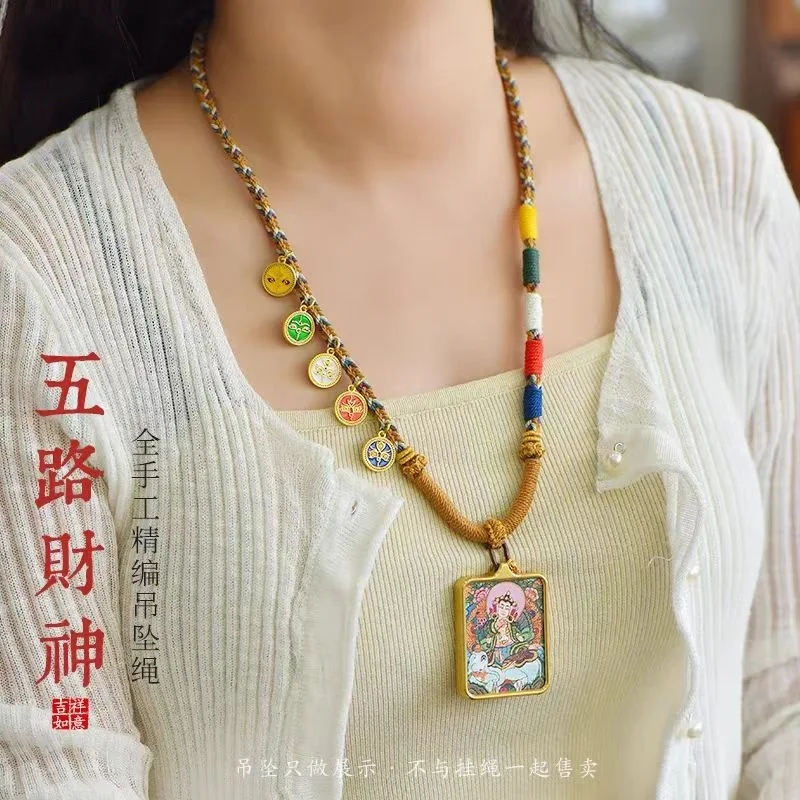 

Tibetan Hand Woven Five Way God Of Wealth Necklace Tangka Buddha Card Rope Pendant Hanging Neck Lucky Jewelry