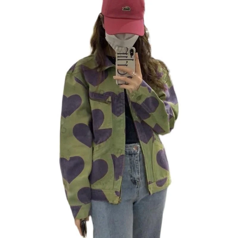 Luźna damska kurtka z zamkiem błyskawicznym, nadruk serca, modny styl koreański, jesień-zima, nowość, do pracy, długa, sweter...