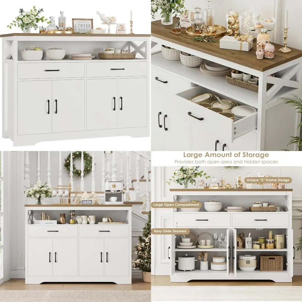 HOSTACK 47 Modern Farmhouse Sideboard Buffet Cabinet, Wood Buffet Storage Cabinet with Drawers & Shelves, Large Coffee Bar with