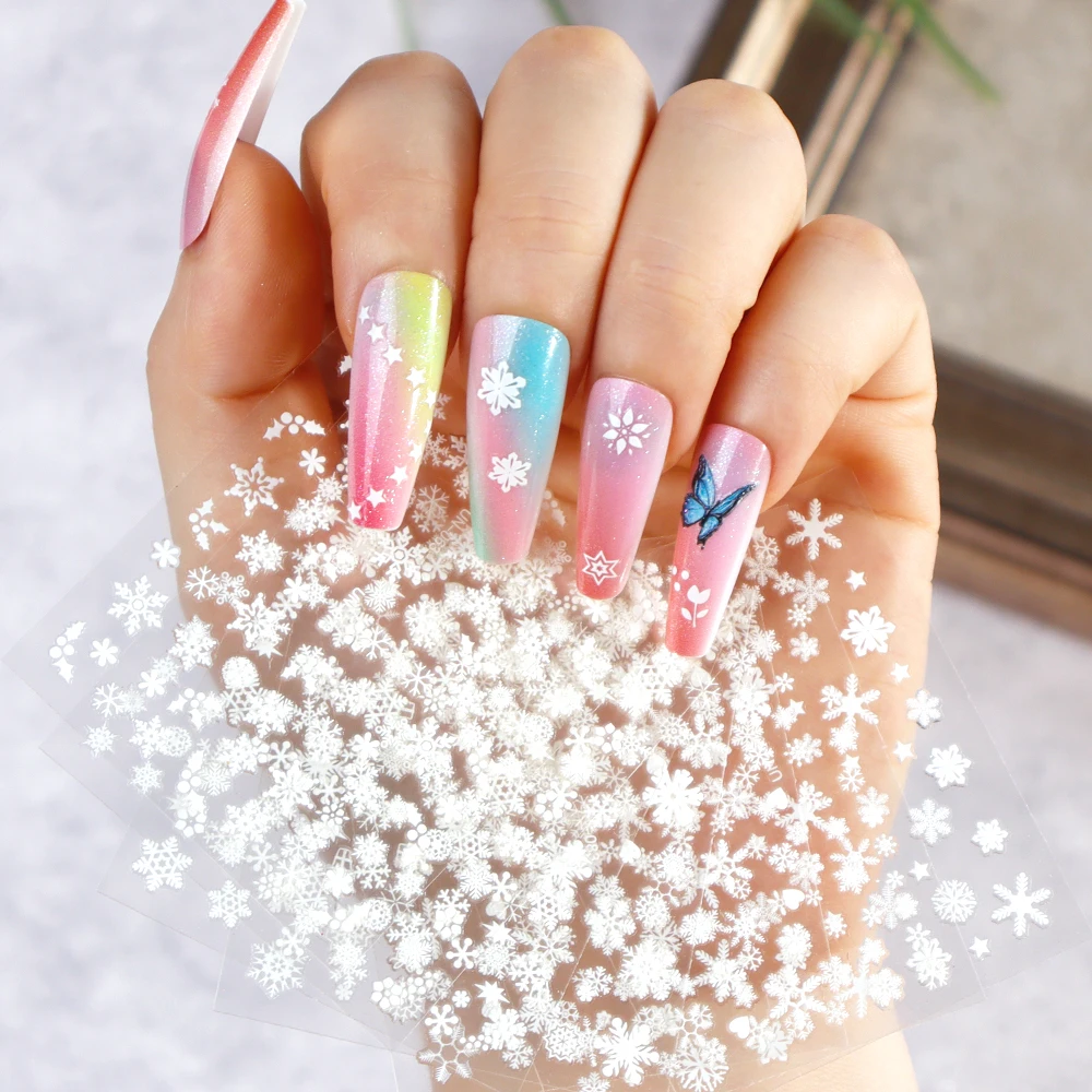 30 Sheets Christmas Nail Art Stickers Self Adhesive 3D White Snowflake Nail Decals Xmas Nail Supplies Christmas Manicure Sliders