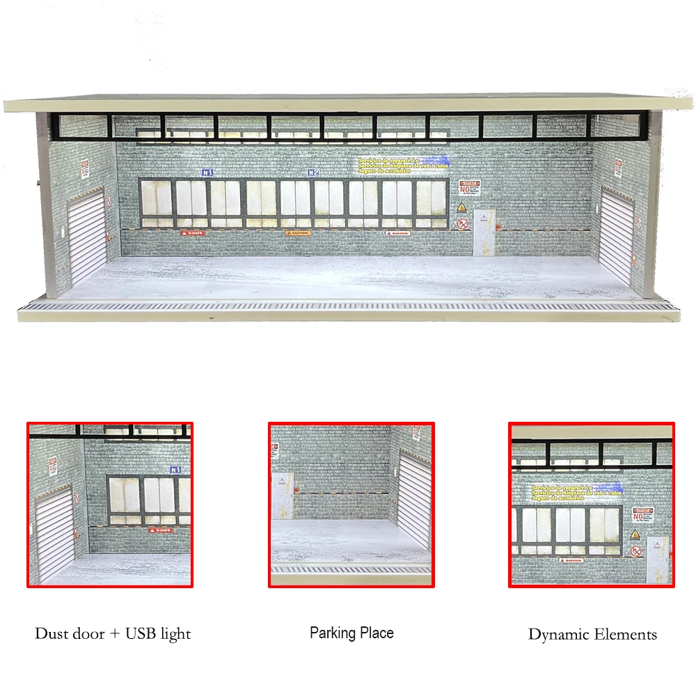 1/64 Scale Diecast Car Garage Diorama Miniatures Models with LED Lights Realistic Display Scene for Model Car Collection ﻿