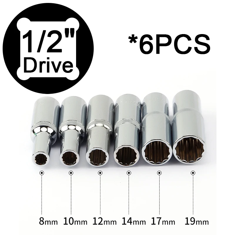 

Deep Sockets Set 6Pcs 12 Point 1/2 Inch Drive Cr-V Steel with 78mm Length Metric Mirror Socket for Wrench 8 10 12 14 17 19mm