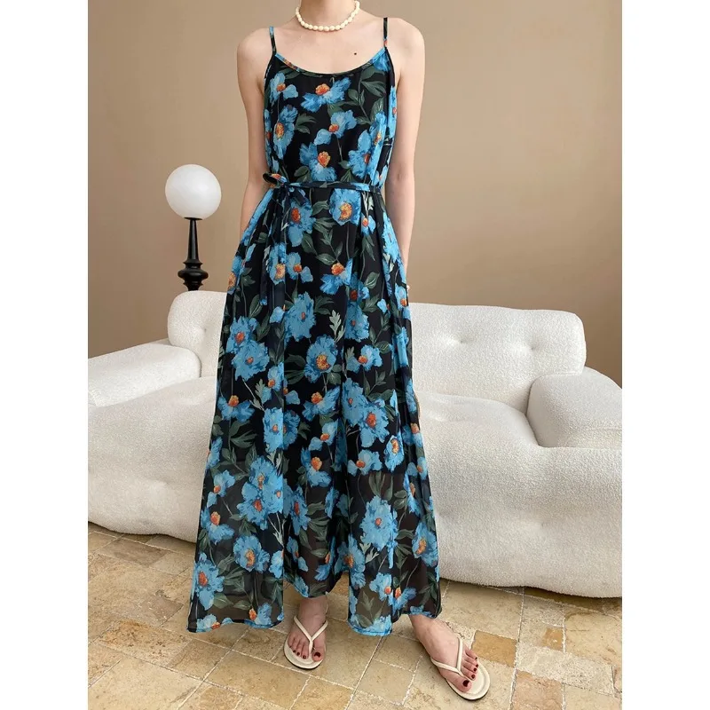 Peinture à l'huile française florale à lacets taille cintrée minceur tempérament robe Camisole