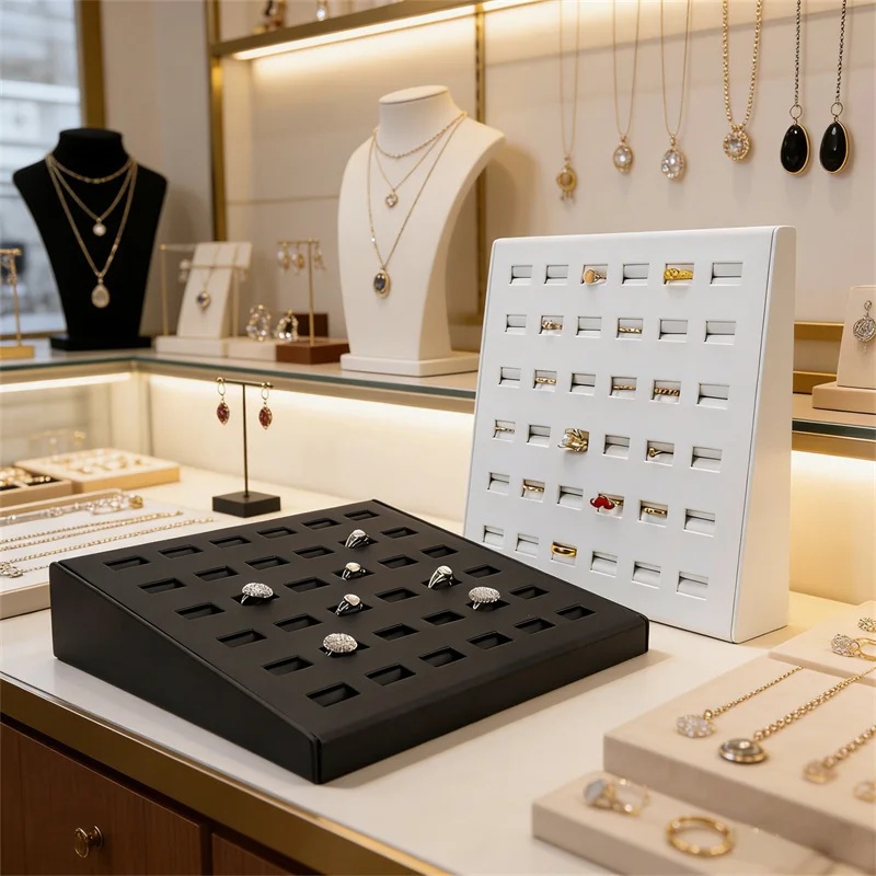 

High Quality White PU Leather Jewelry Storage Display Tray Ring Storage Display Props Jewelry Store Window Counter Display Tray