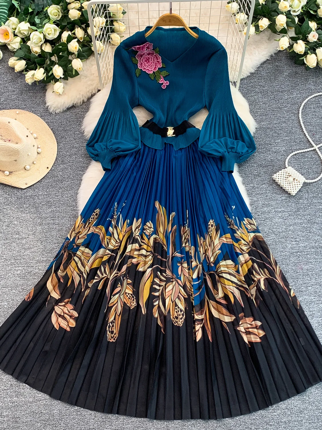 

Элегантное длинное вечернее платье для женщин с вышитыми рукавами-фонариками, А-силуэтом, присборенной талией и стройнящими складками