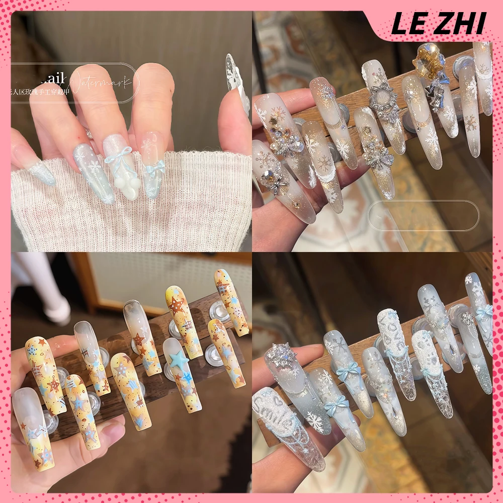 

High-End Gentle Elegant Handmade Long Coffin Stiletto Press On Nails Snowflake Pearl Diamond Bowknot Stars Reusable Fake Nails