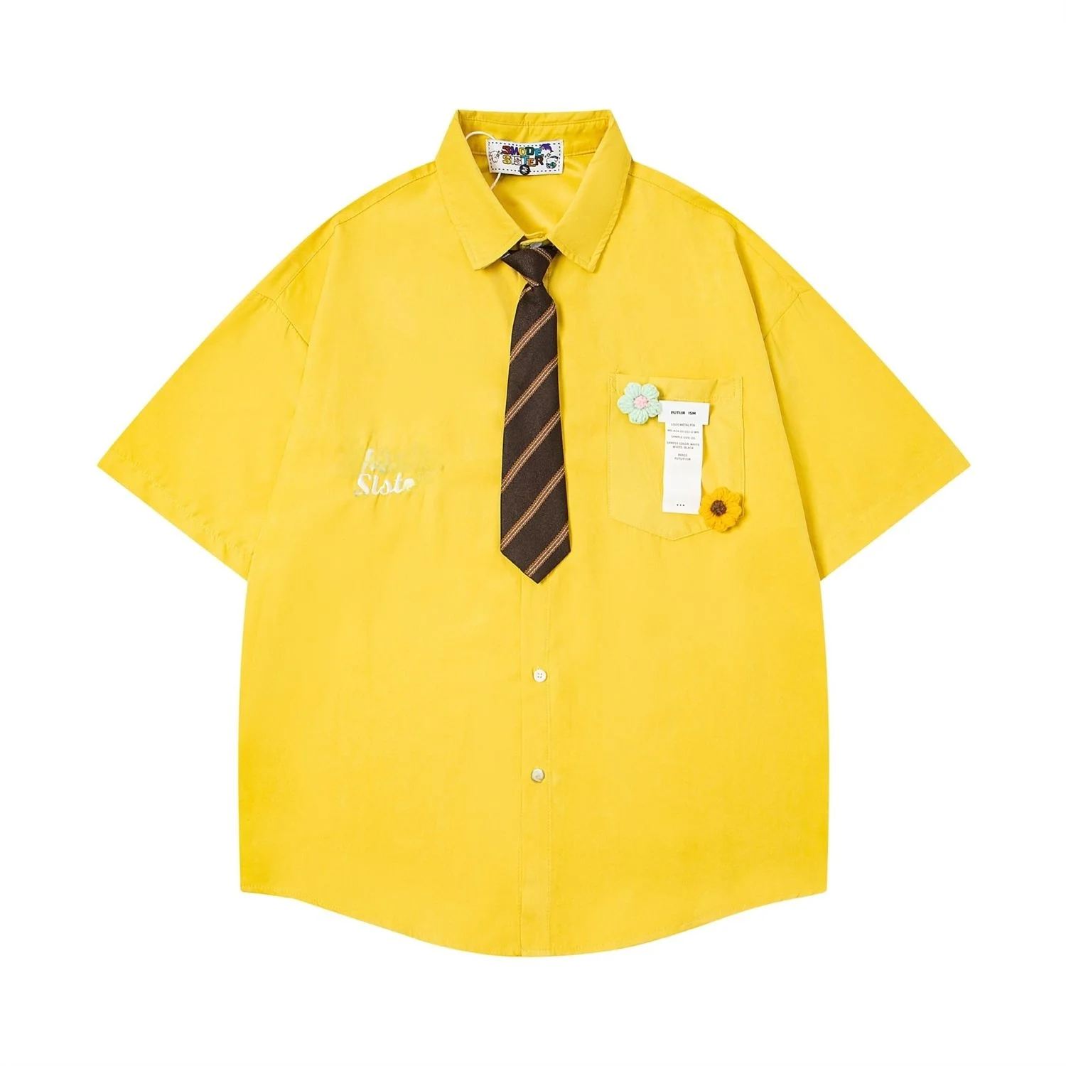 Summer Large Size American Style Pin Flower Tie Short Sleeve Loose Shirt for Men Casual Polyester No Ironing Required