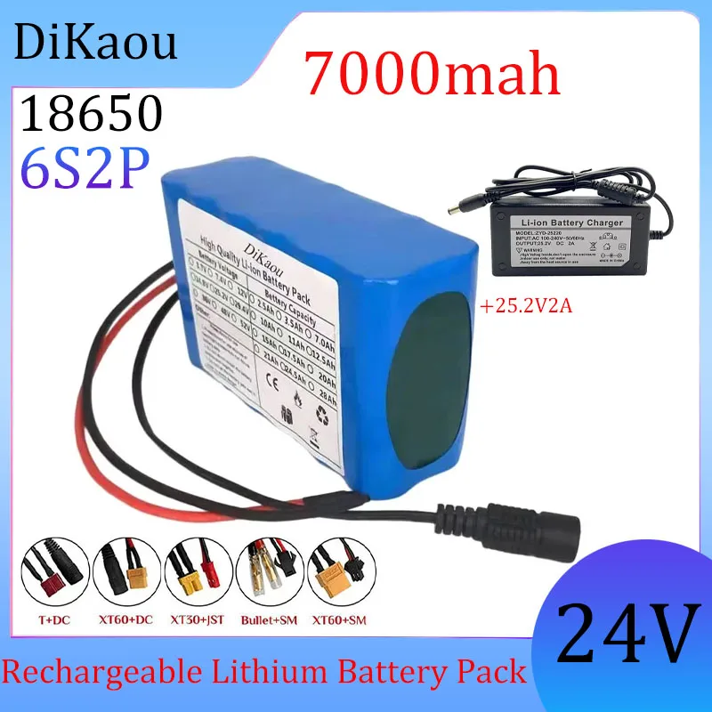 24V 6S2P 18650 Lithium-ion Battery Pack 7000mah High Capacity Suitable for Electric Bicycles and Mopeds Built-in BMS Battery