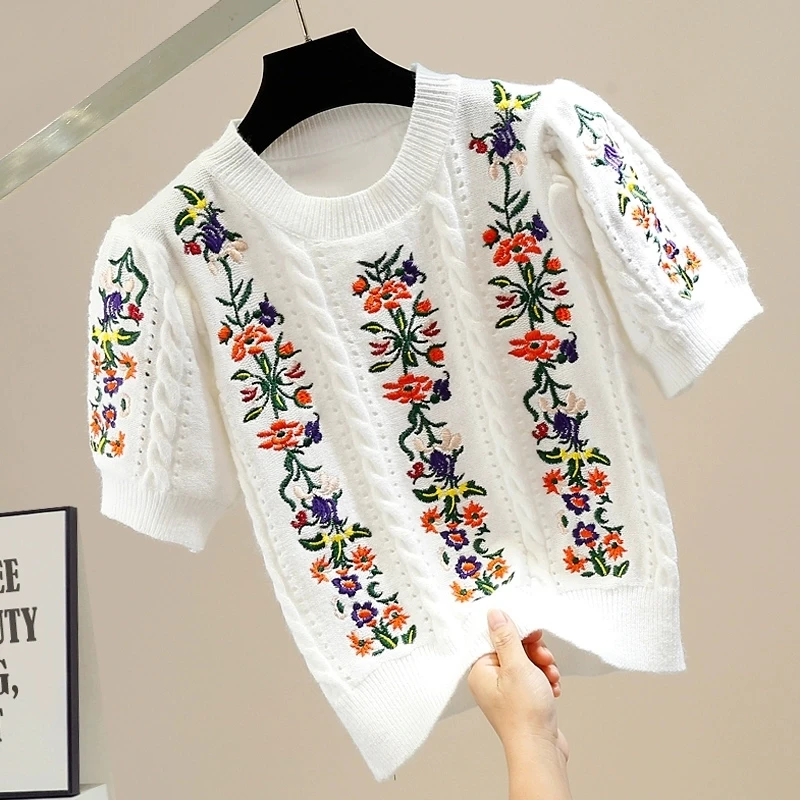 Vintage Elegant Embroidered Knitted Sweater Tshirt Women Summer Puff Sleeve O-neck Tops Pullovers Stylish Fashion Chic Knitwear