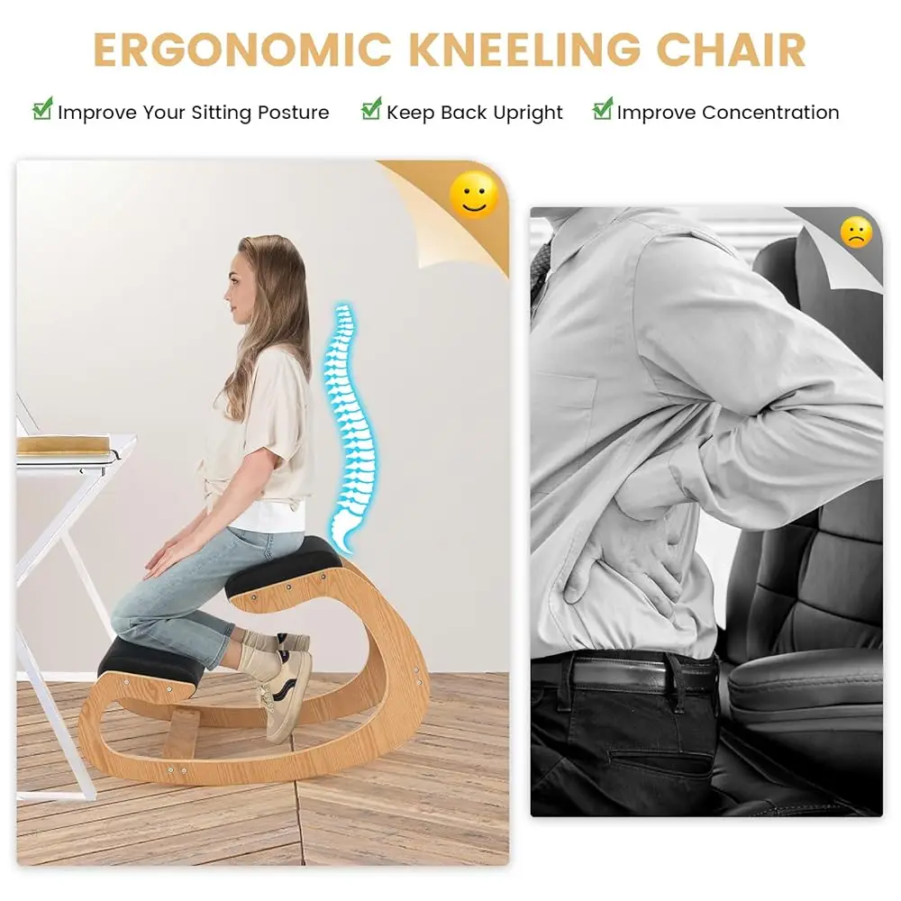 Ergonomic Kneeling Desk Chair, Rocking Knee Chair With Cushion & Solid Wood Frame, Natural Relief For Ne Or Ba Pain, Posture