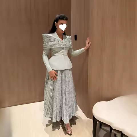 Elegant Suit Evening Dress Ankle Length Long Sleeve V-Neck Formal Party Gown Fashion Lace Pleat A Line Prom Dress Customized