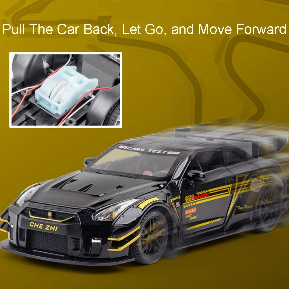 1:24 Toy GTR R35 CSR2 Model Sports Cars Alloy Diecast Sound Light Pull Back Doors Opened Collection Supercar Models for Kids
