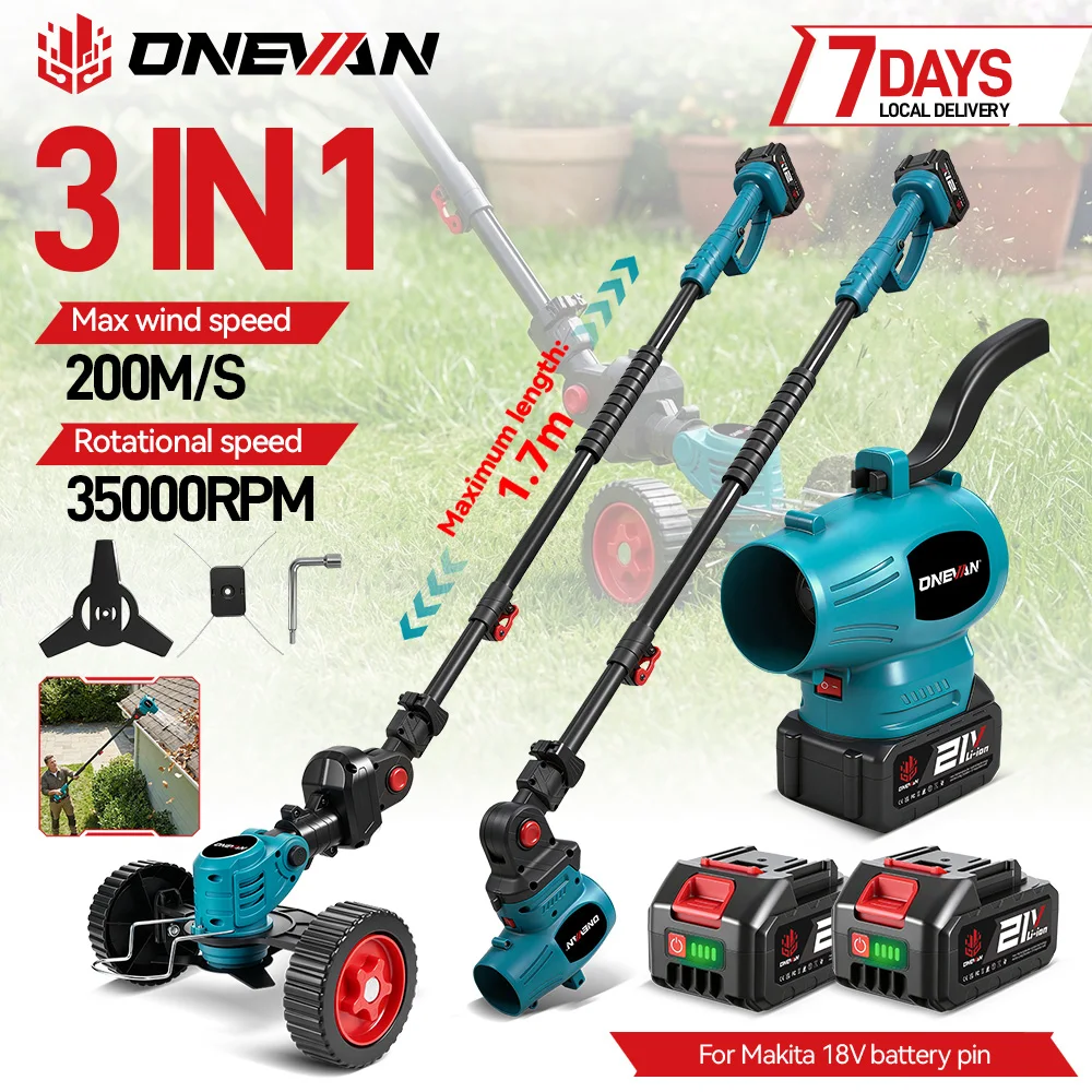 ONEVAN 2500W Elektrischer Rasenmäher 3-in-1 mit 200m/s Gebläse, kabelloser Grasschneider, Laubreiniger, Gartenwerkzeug für Makita 18V Akku