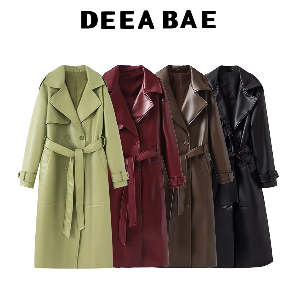 DEEABAE, solapa holgada de manga larga a la moda de otoño para mujer con cinturón suelto, chaqueta cortavientos larga de piel sintética