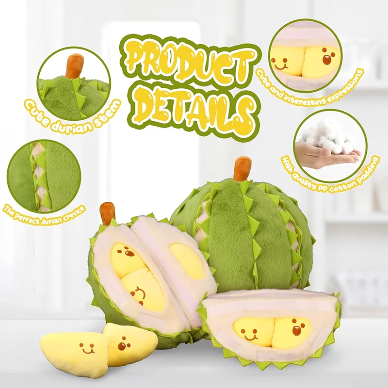 Kids Creative Simulation Detachable Durian Plush Toy Fun Tearable Peeling Durian Plush Pillow Fidget Toy Boys Girl Birthday Gift