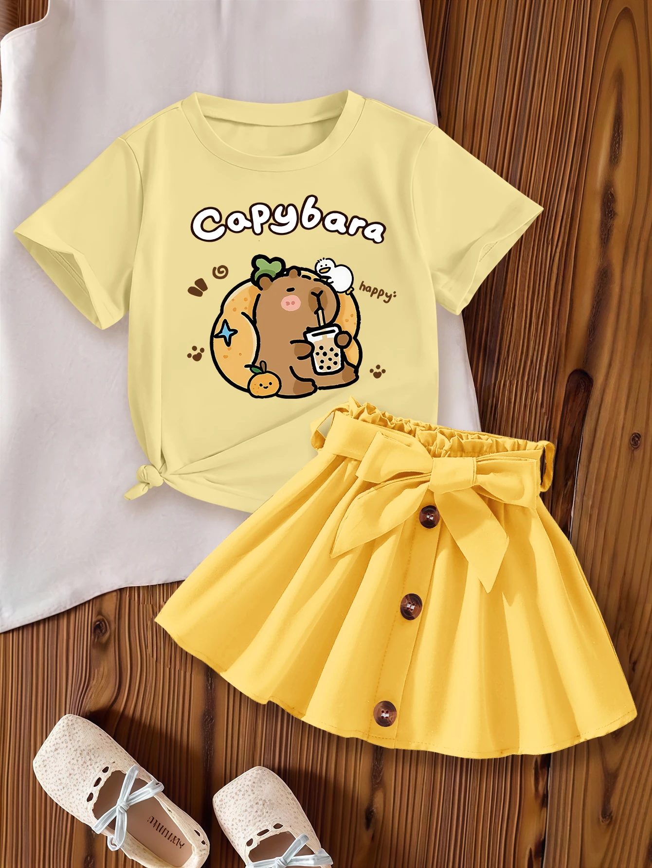 

2 Pieces, Cartoon Capybara, Summer Sweet and Cute Short-Sleeved Dress Set for Girls
