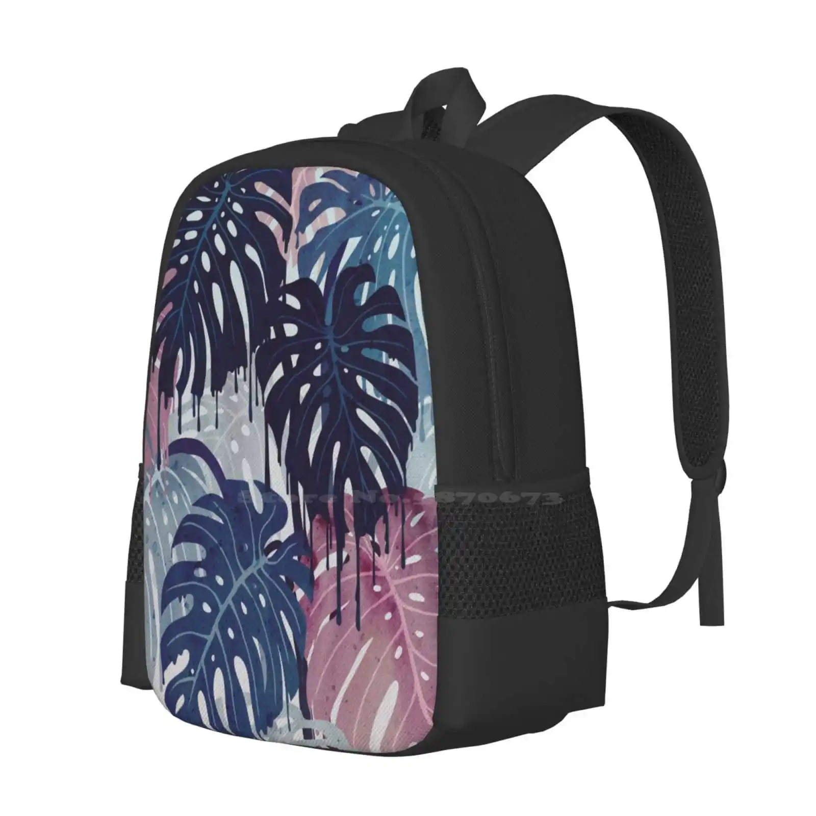 Monstera Melt 3D Print Design Backpack Student Bag Monstera Tropic Leaves Plants Aloha Melt Surreal Blue Pink Summer Wet Drops