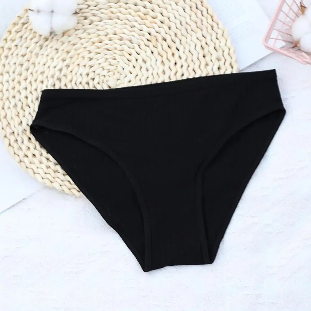 Women Cotton Underwear Ladies Ribbed Striped Brief Breathable Plus Stretchy Panties Underpants For Daily Wear Sleep Work Travel