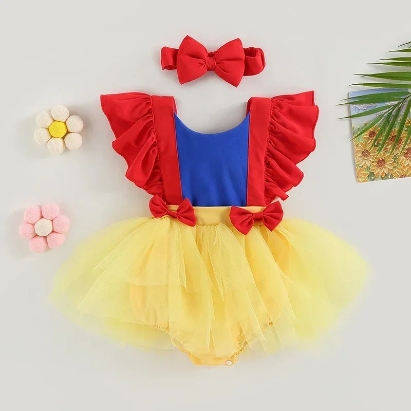 

Cute Baby Clothing Summer New Infant Toddler Girls Princess Clothes Mesh Patchwork Romper Dress Jumpsuit with Headband