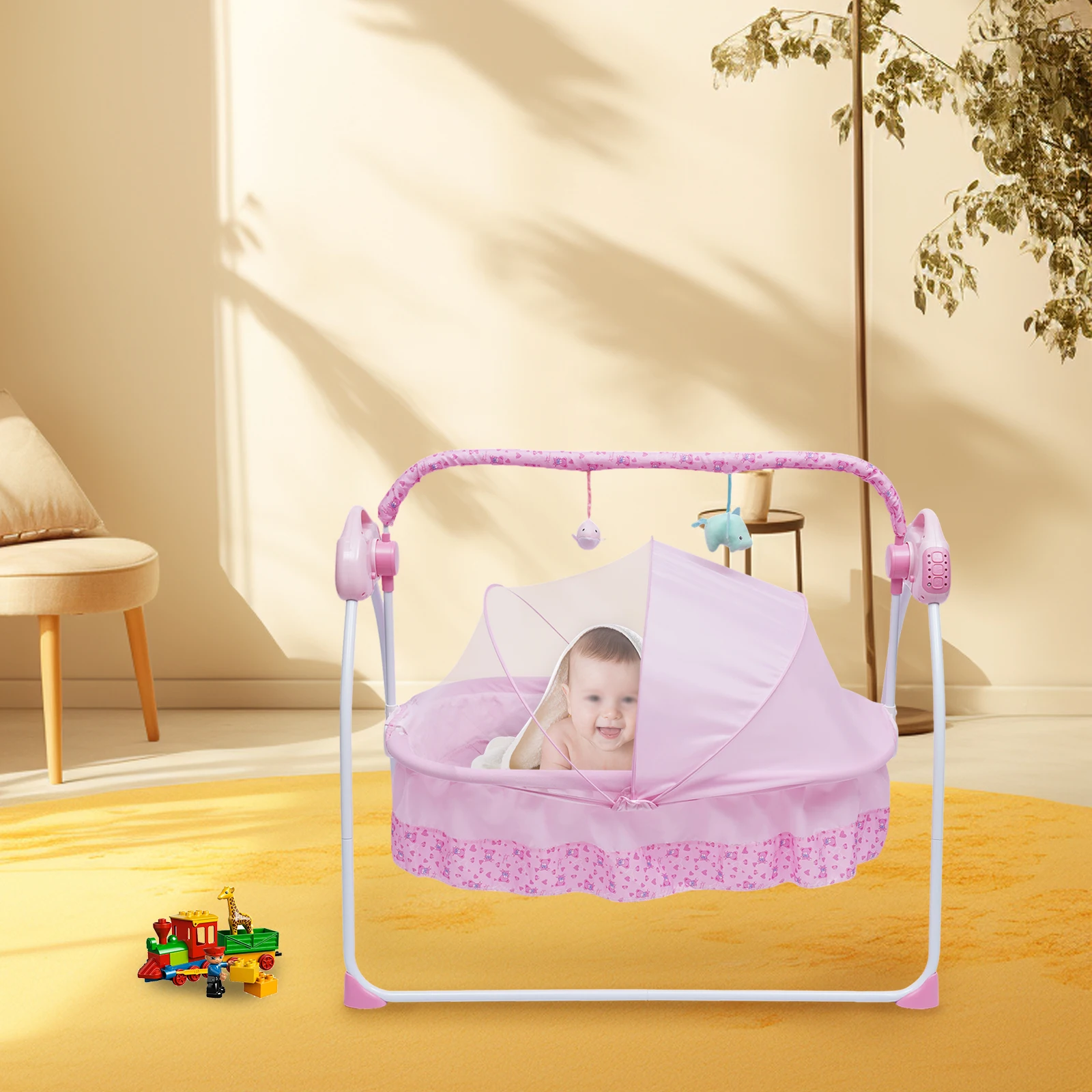 Bymaocar berço elétrico para bebê, 5 engrenagens, bluetooth, balanço automático, cama de dormir, balancim infantil + rede ajustável, berçário