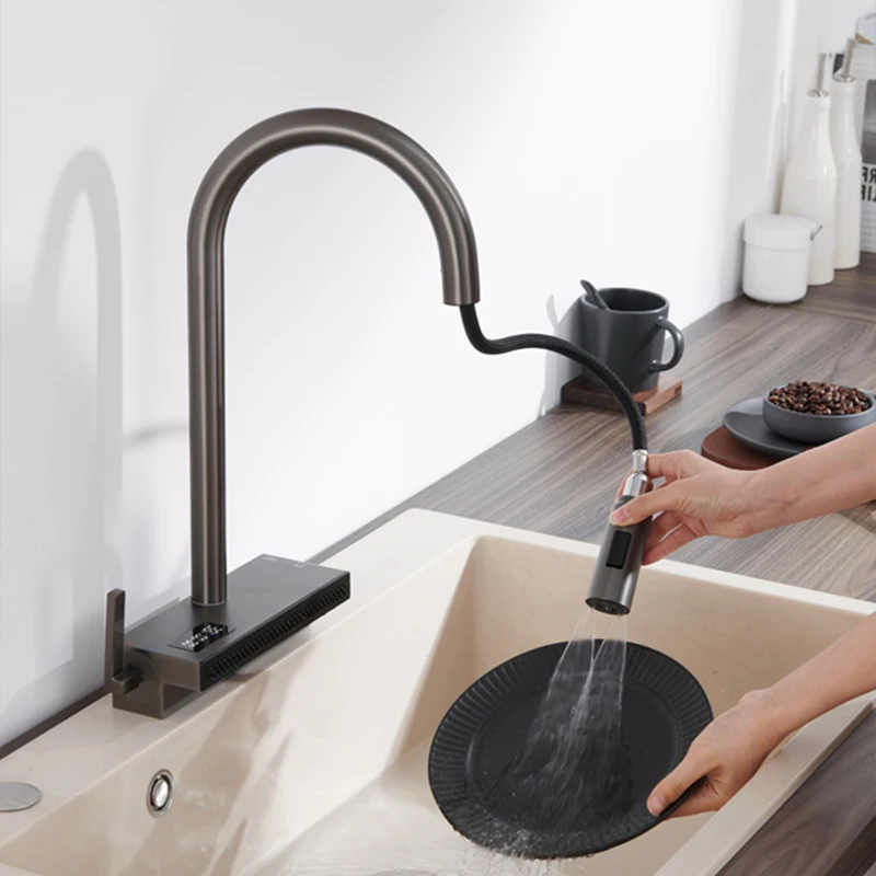 Brass Sink Faucet Single Hole Multifunctional Rotatable Digital Display Waterfall Water Outlet Pull-out Cold and Hot Faucet