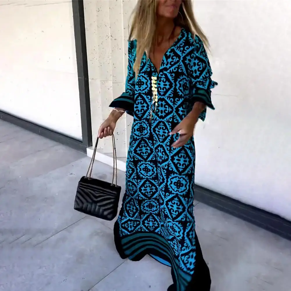 Flattering Loose Hem Maxi Dress Elegant Retro Printing V-neck Maxi Dress Color Block Loose Fit Side Split Hem A for Fashionable