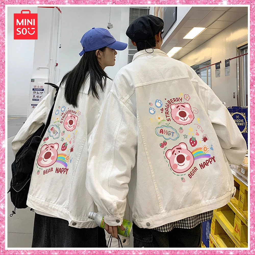 

2023 Miniso Lotso Новая Осенняя парная Модная Джинсовая куртка с принтом женская Свободная простая куртка Белый Черный милый Рождественский подарок для девочки