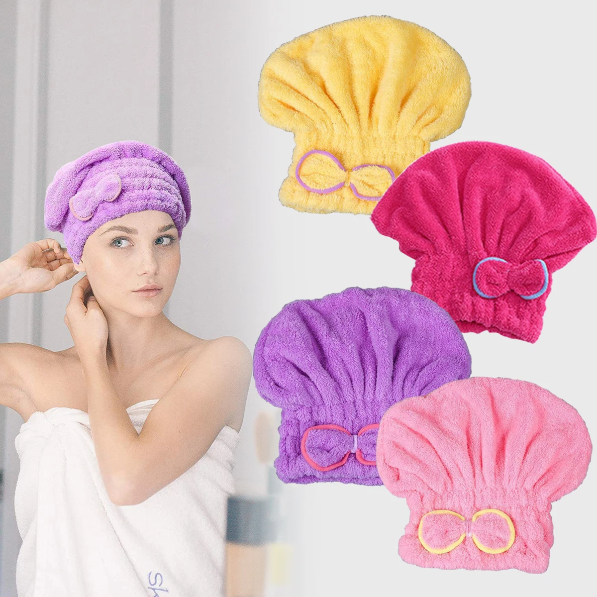 New Shower Cap Women Hair Microfibre Quick Drying Bath Spa Bowknot Wrap Towel Hat For 4 Colors Room Accessories