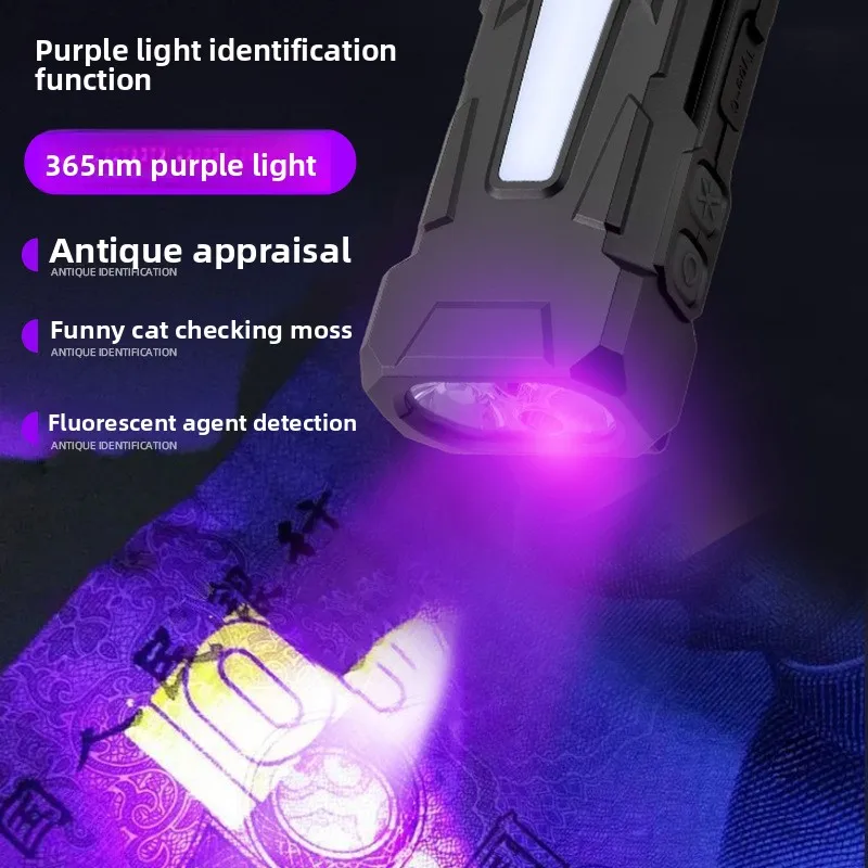 Plastic Strong Light EDC Flashlight USB Charging Multifunctional Purple Light Colorful Ambient Warning Magnetic Hook Portable