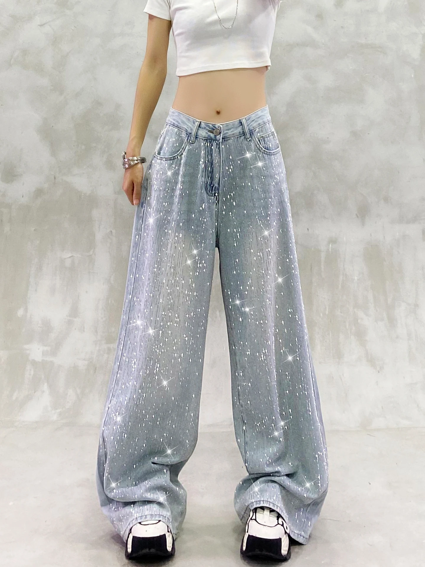 Celana Panjang Denim Kasual Pengeboran Panas Berkilau Blingbling Jeans Kaki Lebar Longgar Musim Semi Musim Panas Cocok untuk Semua Celana Lurus Wanita Berlian