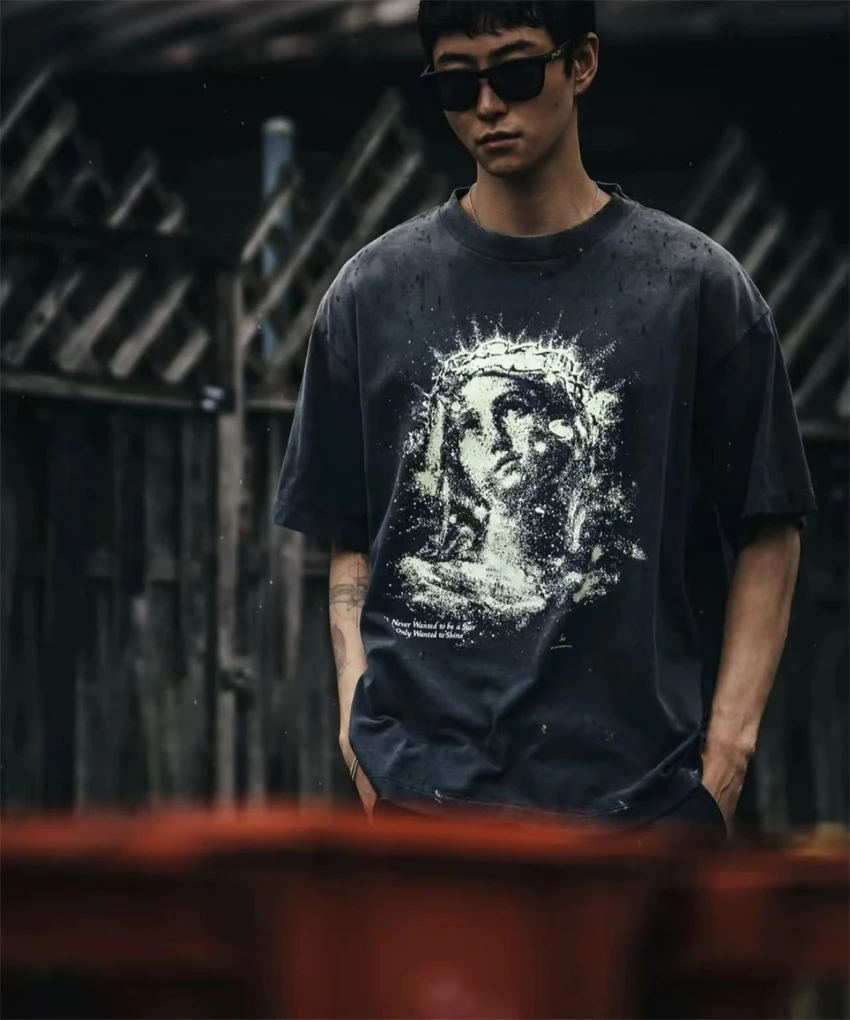 

SAINT ночник с портретным узором и принтом, винтажная модная футболка с круглым вырезом и короткими рукавами, уличная повседневная хлопковая модная футболка