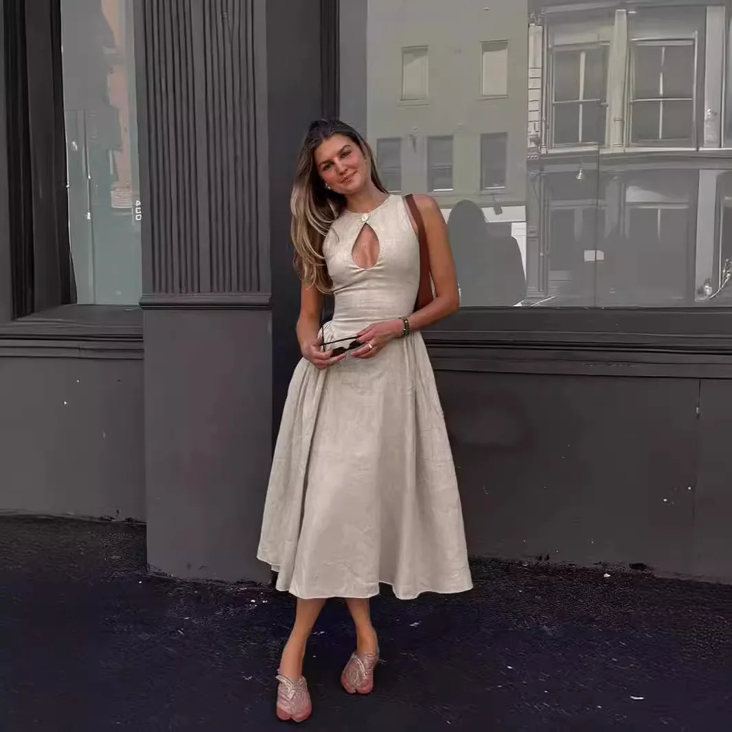 

Single Button Chest Hollowed Out Midi Dress For Women Side Pleated Sleeveless Mid Length Linen Dress New Summer Sundress 2024