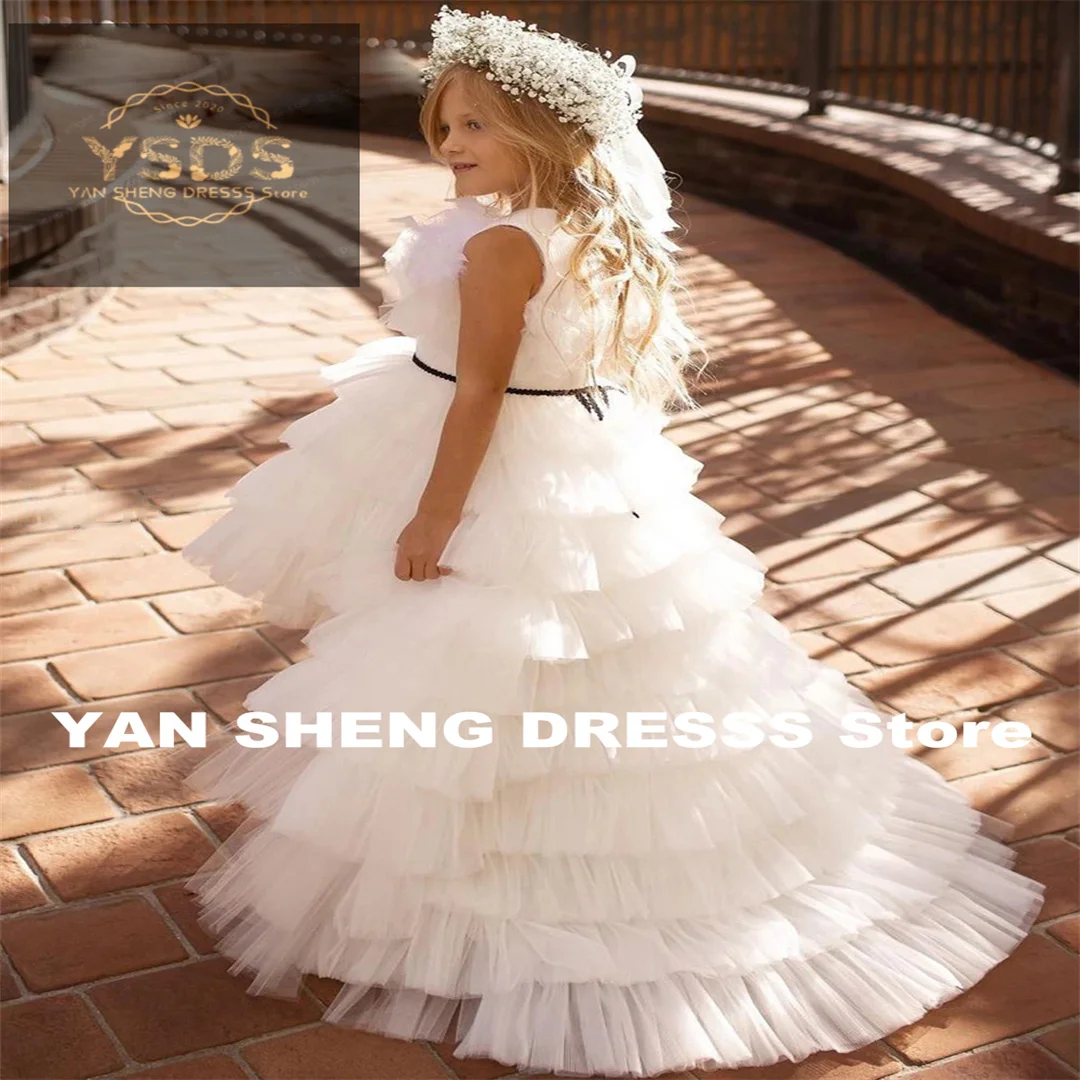 Luxury Princess Flower Girl Dress Flower Pleat High Neck Sleeve Ankle Length Elegant Formal First Communion Gown Customized