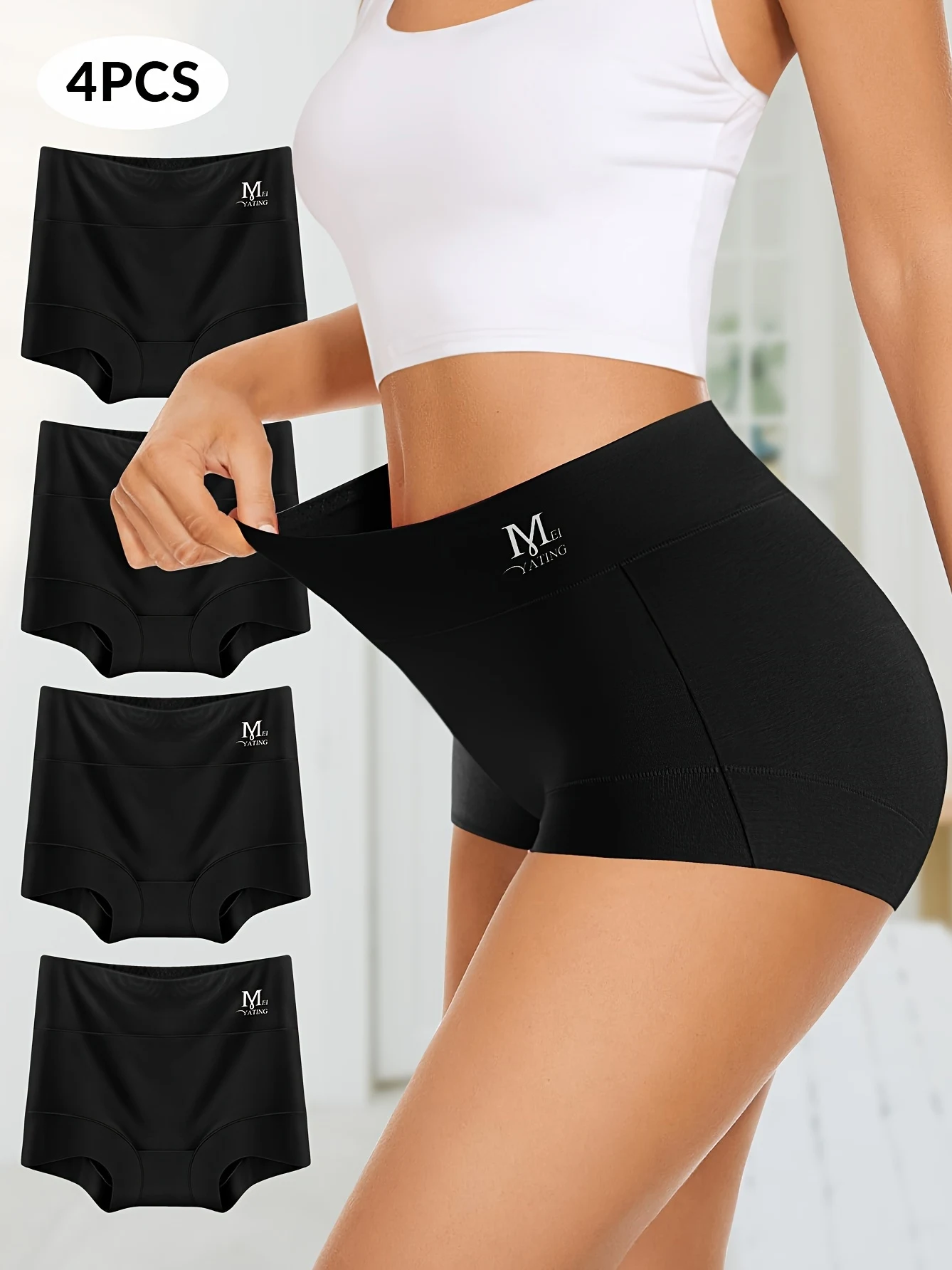 

Комплект из 4 женских черных трусов-боксеров с высокой талией — дышащие, удобные и стильные для повседневного ношения, повседневное нижнее белье,