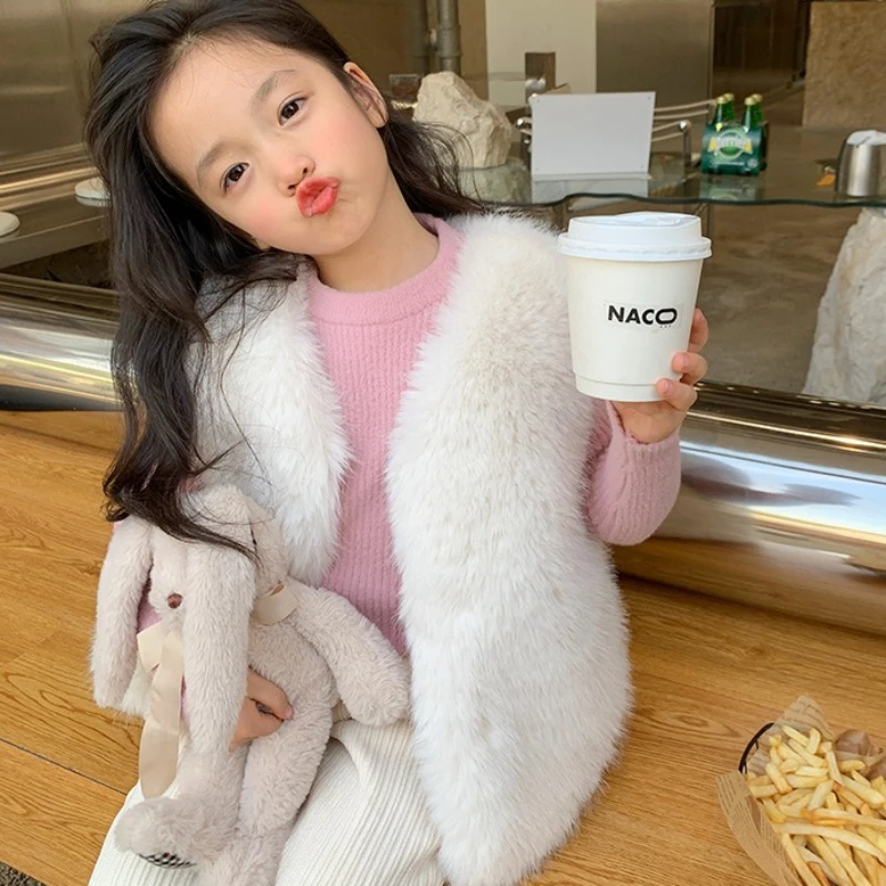 

Children Faux Fur Vest Coats Solid Fur Jackets V Neck Sleeveless Open Stitch Thick Warm Fur Loose Fit Casual 2025 Autumn Winter