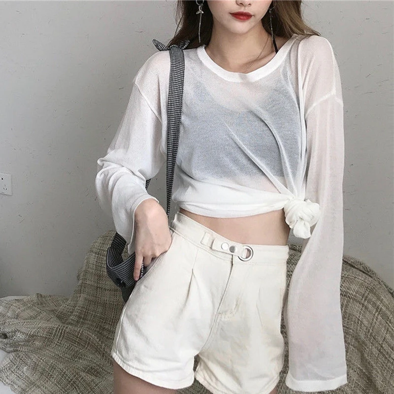 Women Thin Sheer T Shirts Korean Loose Solid Long Sleeve Female Casual Tees Summer Sweet New Fashion All Match Ladies Tops