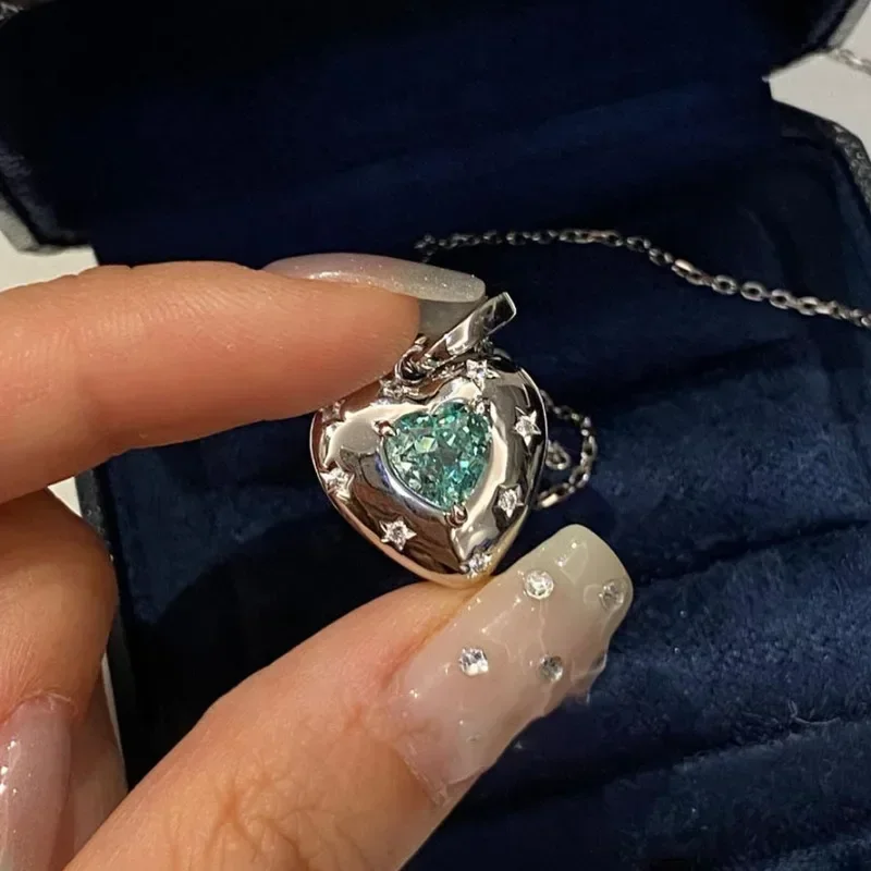 Fashion Light Luxury Sea Blue Gemstone Heart-shaped Necklace for Women High Quality Palaiba Retro Engagement Fine Jewelry