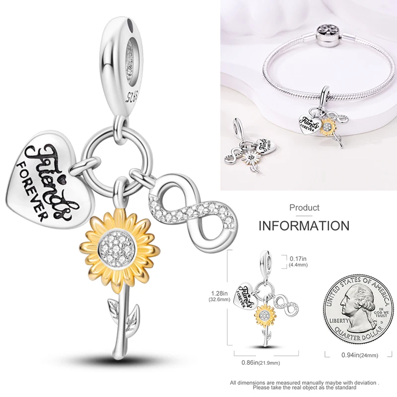 Katzen- und Sonnenblumen-Charm aus 925 Sterling Silber, gelbe Blume, Sonnenblume, Hausperlen, passend für Original-Armreifen, Damen-DIY-Schmuck – Detail 20