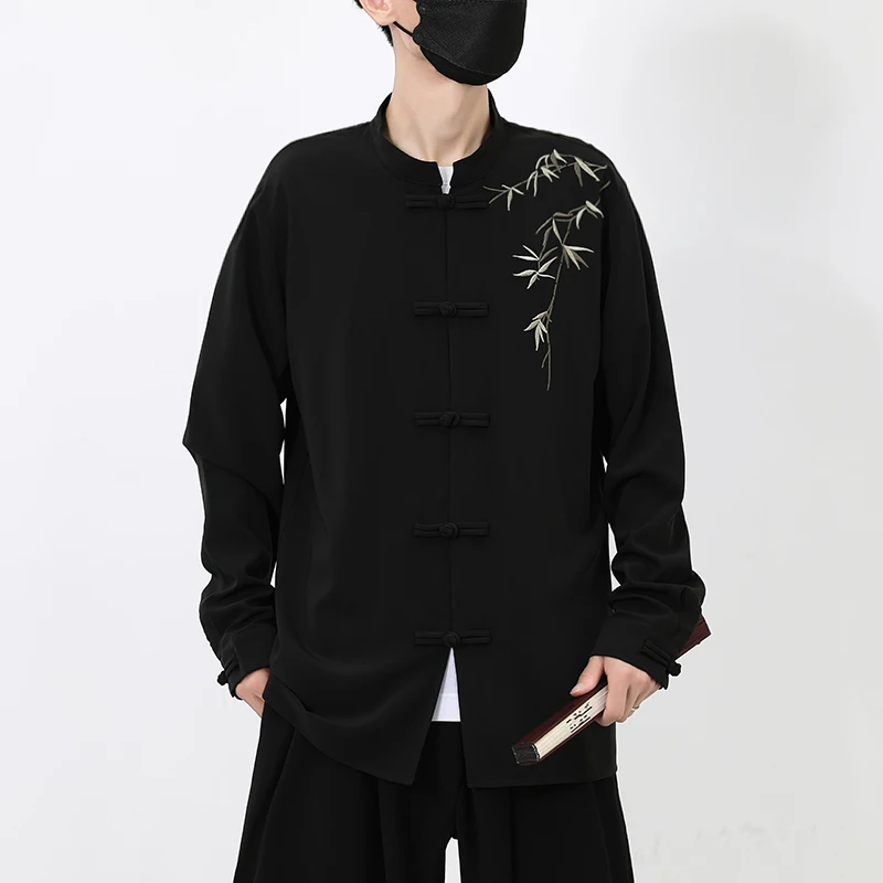 

Рубашка с длинными рукавами на пуговицах в китайском стиле с бамбуковой вышивкой и воротником-стойкой, винтажный осенне-зимний топ в стиле династии Тан 5XL