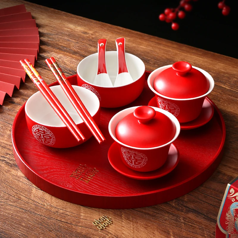 Chinese Wedding Toast Tea Set Wedding Bowls Chopsticks Tray Tea Set Red Joyful Ceramic Bowls Bridal Wedding Supplies Gifts