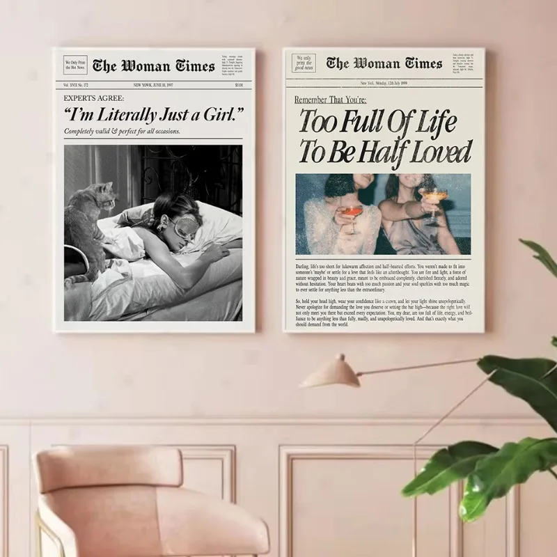 Retro Trendy Newspaper Style Girl Power Pink Feminist Motivational Quotes Poster Canvas Painting Wall Art Pictures Home Decor