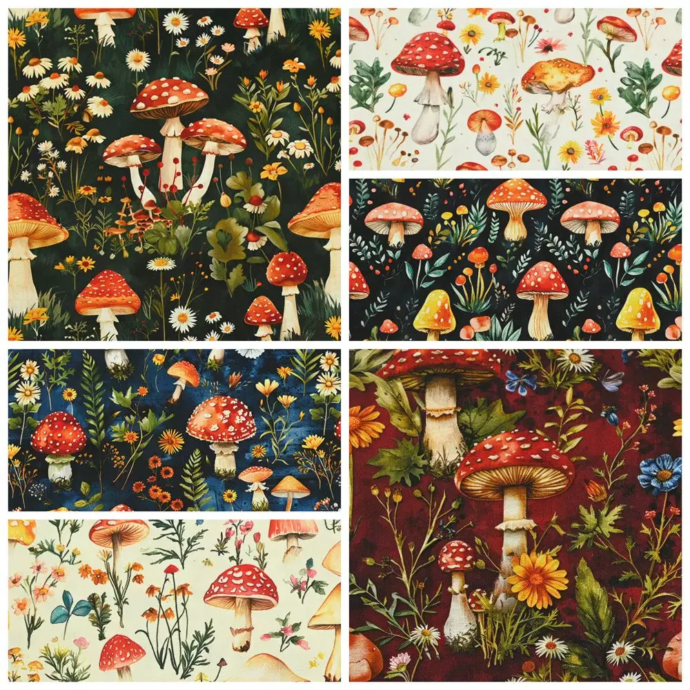 

100% Cotton Mushroom Print Fabric - 20-Count Plain Weave, Hand-Drawn Nordic Design, Ideal for DIY Bags, Shirts & Sewing Projects