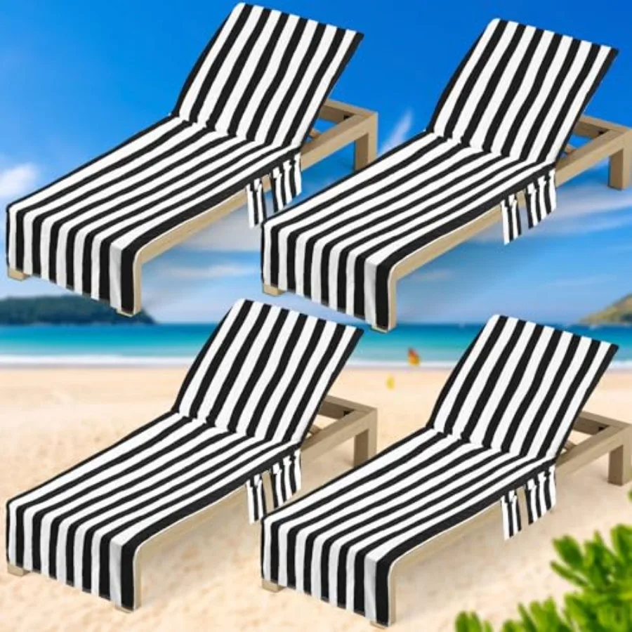 

VitalCozy 4 Pack Pure Cotton Pool Chair Covers Lounge Chair Cushion Covers with Top and Side Pockets Extra Large Beach Towels f